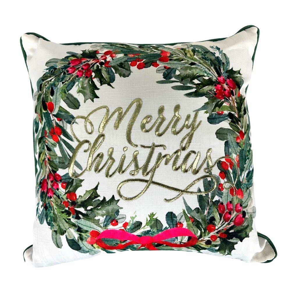 Christmas Wreath Embroidered Gold Merry Christmas 17" Square Throw Pillow